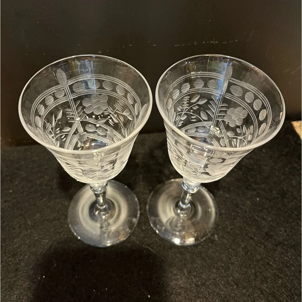 Vintage Etched Cordial Aperitif Glasses Set of Two